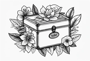 An sailor Jerry style tattoo of a vintage cigar box surrounded by traditional flowers tattoo idea
