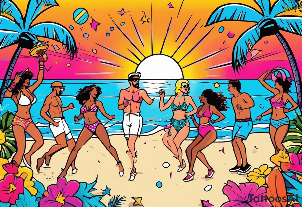 1980's miami vice style beach dance 
party, include confetti, music notes, boom box, bikinis sunset in the center tattoo idea