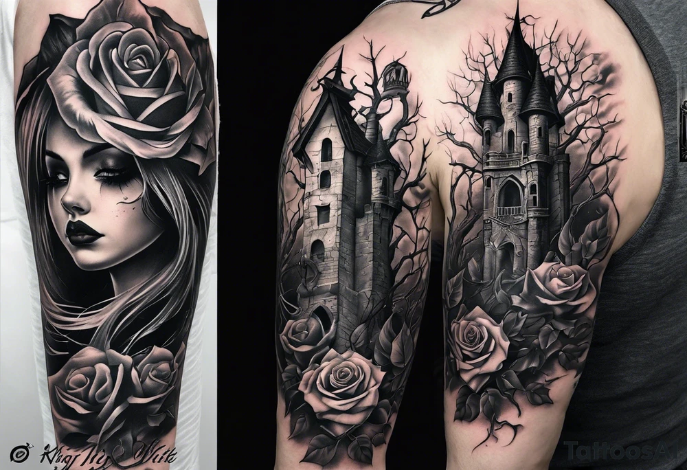 tattoo fool sleeve, dark gothic castle, tree roots break out of the chains, broken mask, roses tattoo idea