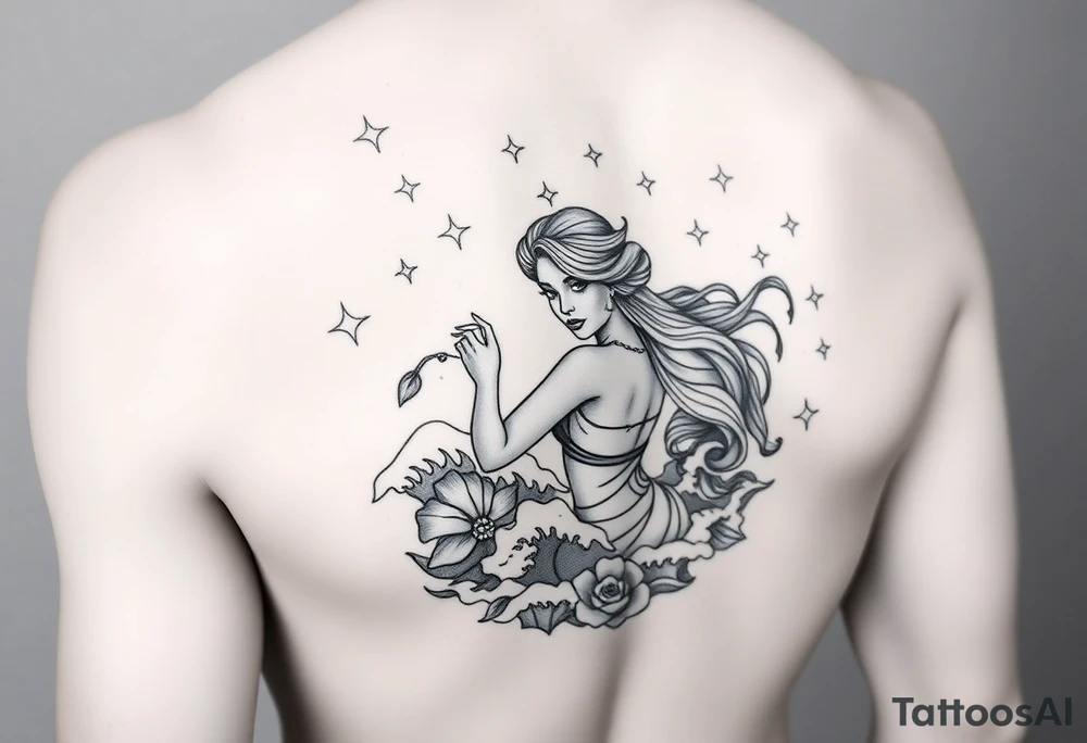 Jasmine on inner four arm with waves and stars in the background tattoo idea