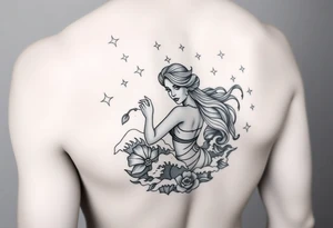 Jasmine on inner four arm with waves and stars in the background tattoo idea
