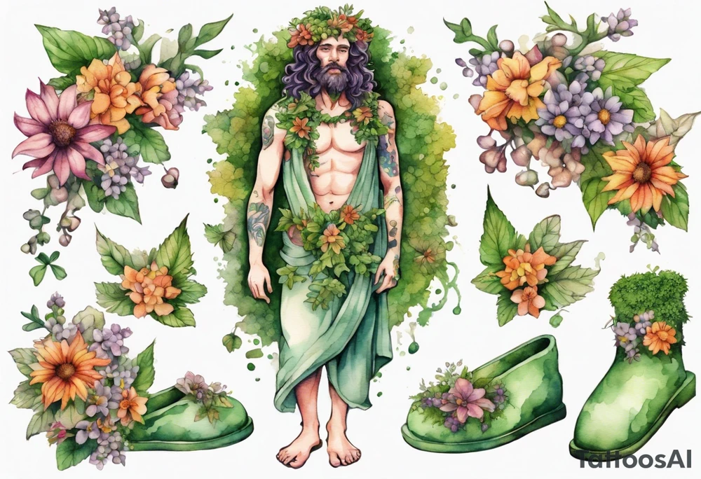 Dionysus covered in flowers and leaves wearing mossy slippers tattoo idea