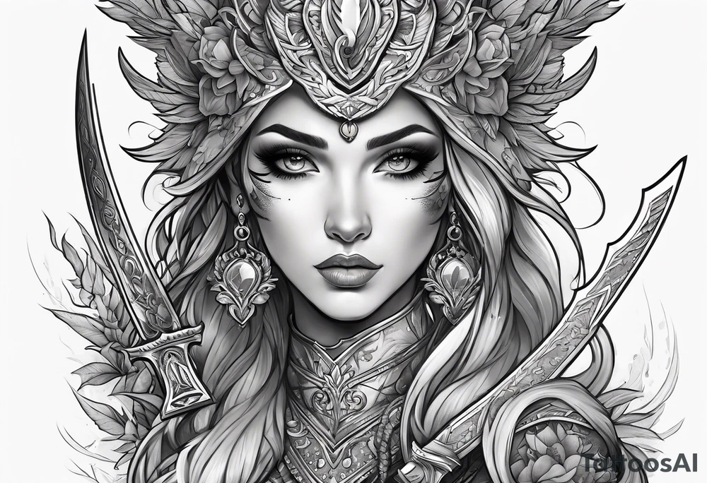 A feminine mythical creature animal holding a weapon tattoo idea