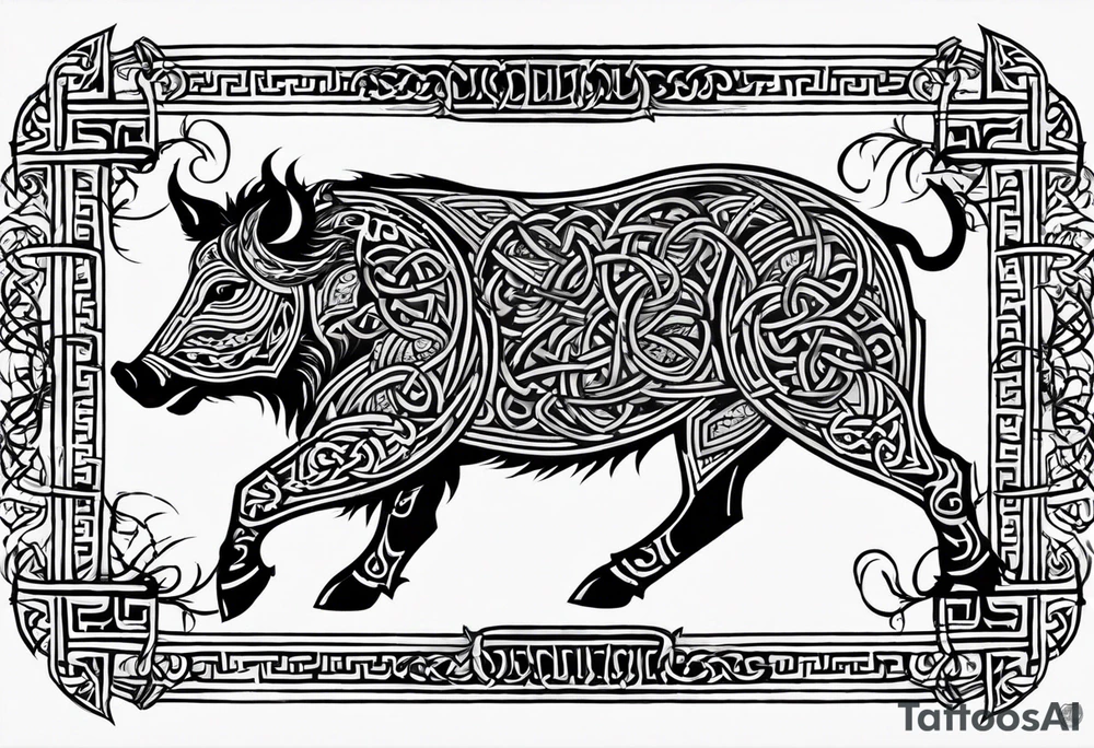A classic tribal Celtic boar Integrated with a Chatwin, family crest and a Thistle. Simple with few lines. tattoo idea