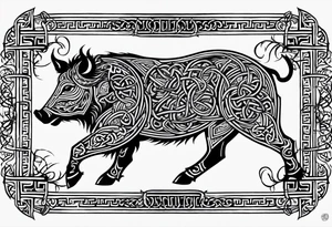 A classic tribal Celtic boar Integrated with a Chatwin, family crest and a Thistle. Simple with few lines. tattoo idea