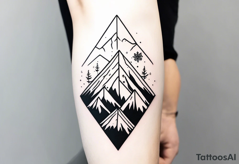 Small fine line tattoo with a vertical snowboard, with a snowflake and mountain line inside it tattoo idea