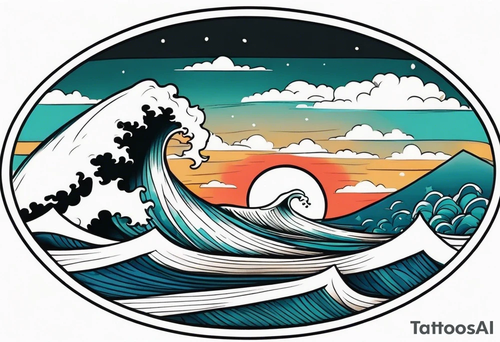american traditional waves wide oval tattoo idea