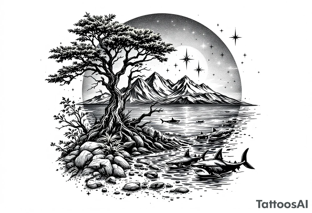 tattoo that has an acacia tree with forest mountains, ocean with a ship wreck with sharks and the bright northern star tattoo idea