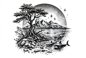 tattoo that has an acacia tree with forest mountains, ocean with a ship wreck with sharks and the bright northern star tattoo idea