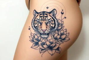 fierce tiger emerging through blooming lotus flowers in mist tattoo idea