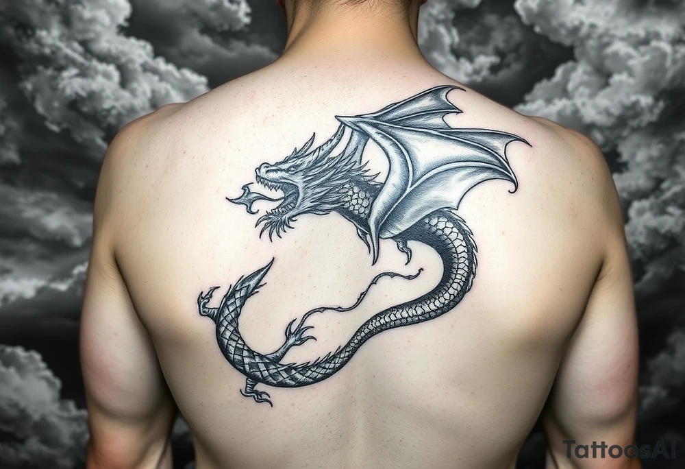 fierce dragon breathing iridescent fire against stormy skies Spelling J7 tattoo idea