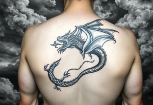 fierce dragon breathing iridescent fire against stormy skies Spelling J7 tattoo idea