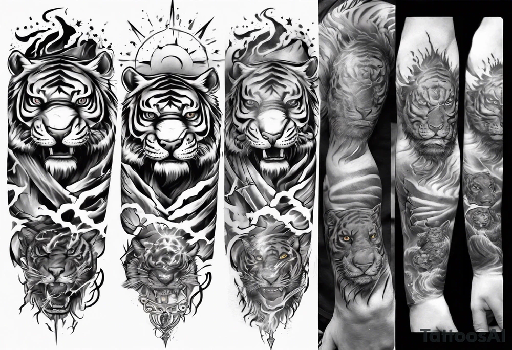 Tiger Warrior sleeve tattoo with lightning and the sun
Forearm sleeve tattoo idea