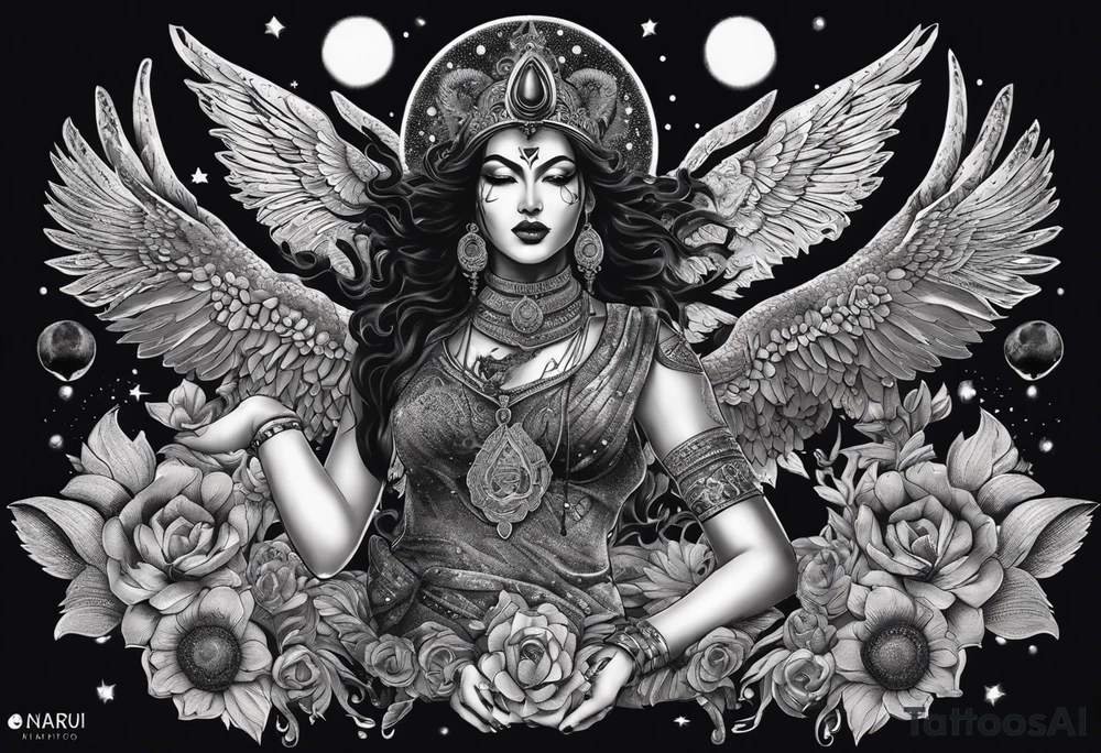 black kali, goddess pirate, alien, angel, pachamama, valkrye, warrior, flying, skull, lotus azul, wing, eagle, zenza resonance, stars, 5D, anahata chakra, death, durga, riding on a tiger, flying lady, kundalini, chest tatoo, samuri, rebel,s erpent tattoo idea