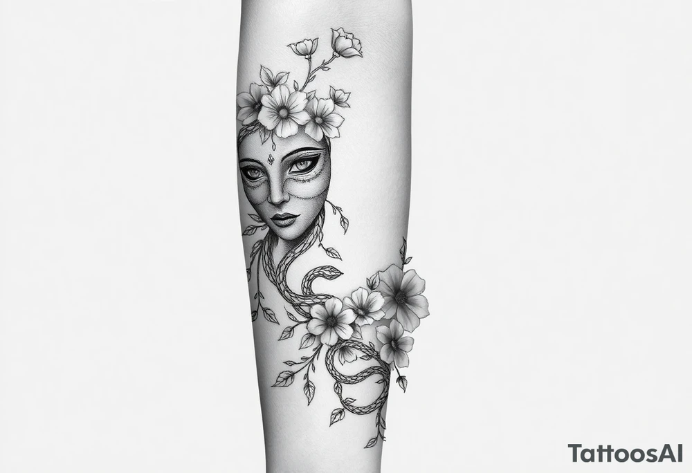 I want a two face masked tattoo with flowers, snakes , vines, jungle like all around On the forearm going down to my hand with cute flowers on it tattoo idea