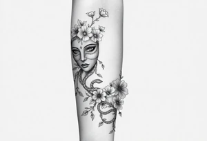 I want a two face masked tattoo with flowers, snakes , vines, jungle like all around On the forearm going down to my hand with cute flowers on it tattoo idea