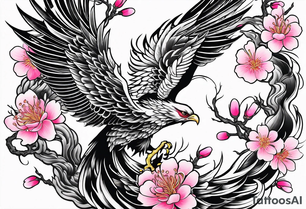 traditional Japanese phoenix and pink cherry blossoms blank background tattoo idea