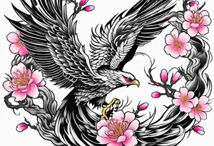 traditional Japanese phoenix and pink cherry blossoms blank background tattoo idea