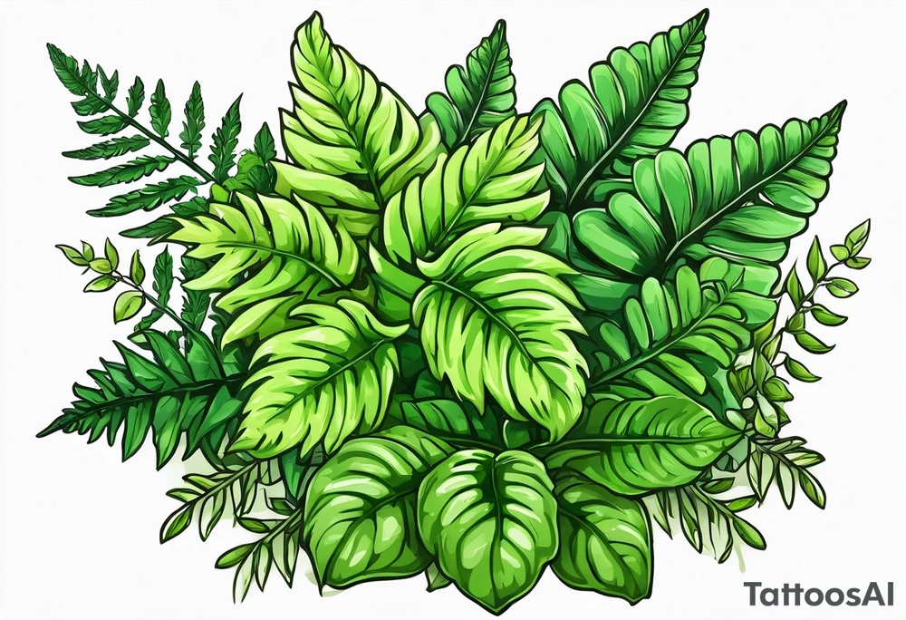 Fern leaf and basil leaf in a bouquet tied with a kawaii ribbon tattoo idea