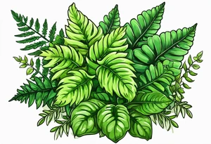 Fern leaf and basil leaf in a bouquet tied with a kawaii ribbon tattoo idea