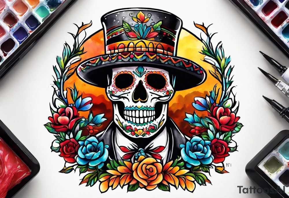 Mexico day of dead  man standing
 skeleton drink tattoo idea