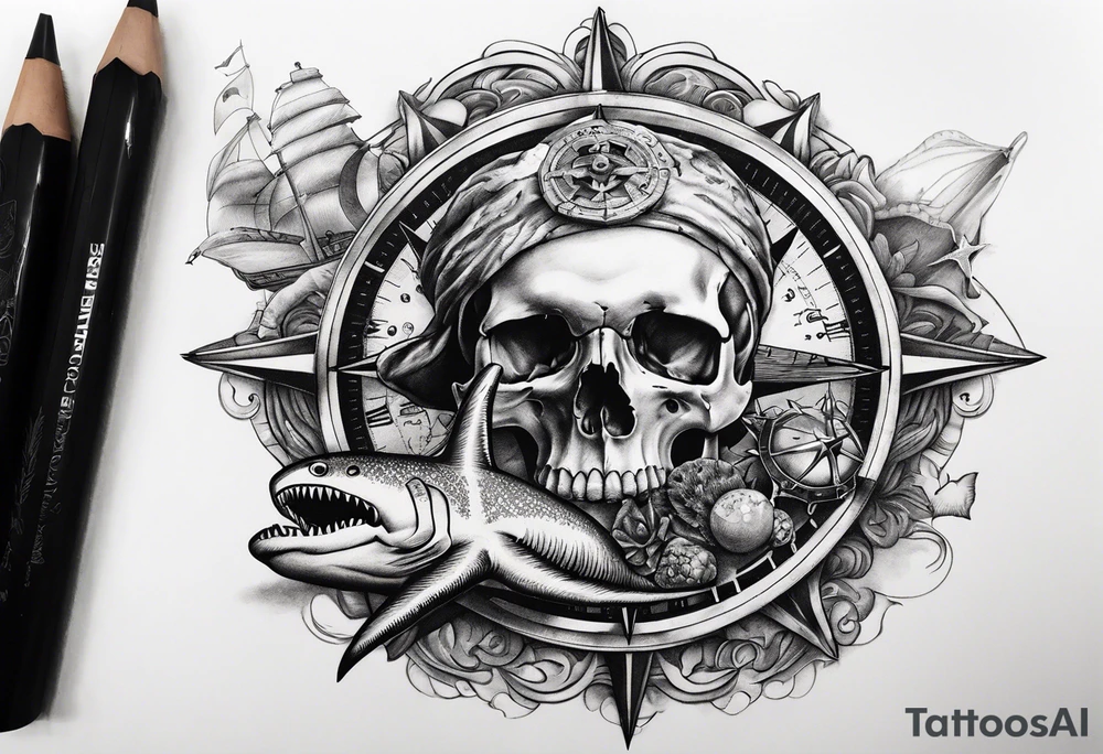 Nautical pirate themed compass surrounded by a skull, oyster with pearl, shark and starfish tattoo idea