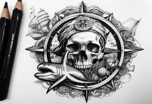 Nautical pirate themed compass surrounded by a skull, oyster with pearl, shark and starfish tattoo idea