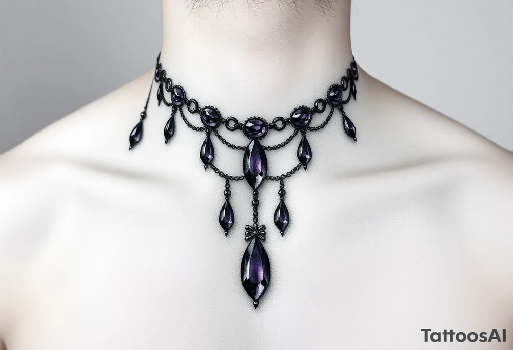 Gothic jewelry draping fine line with amethyst jewels around the front of the neck extending down the chest onto the left shoulder tattoo idea