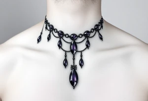 Gothic jewelry draping fine line with amethyst jewels around the front of the neck extending down the chest onto the left shoulder tattoo idea