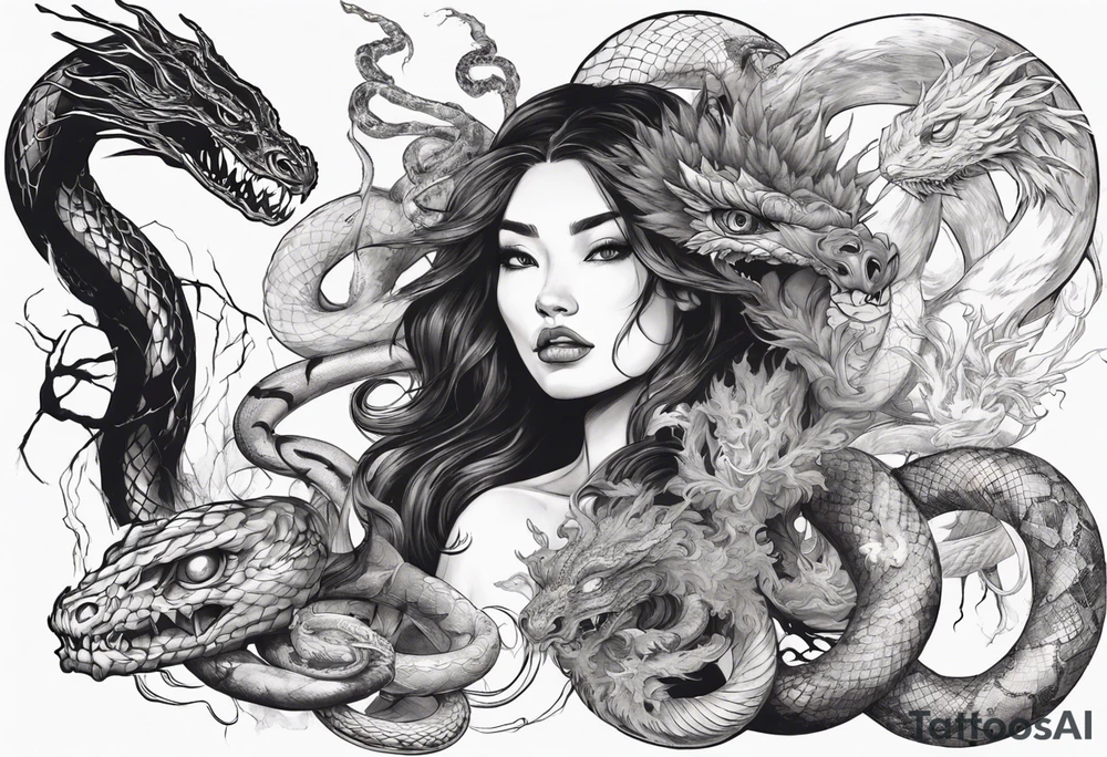 Beautiful magical Woman as a witch, surroundet by a snake and a japanese Dragon. tattoo idea