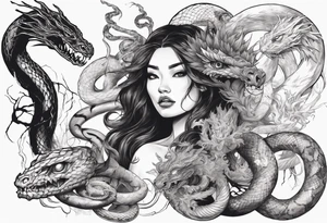 Beautiful magical Woman as a witch, surroundet by a snake and a japanese Dragon. tattoo idea