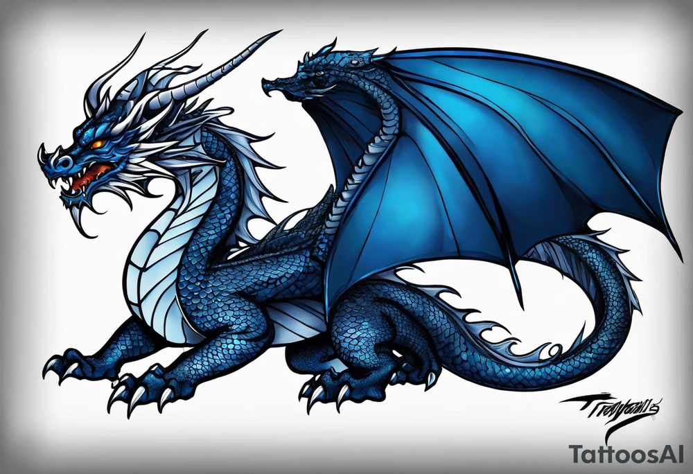 An epic floating dragon. Its long body coiling dynamically, with scales and horns detailed to create a sense of movement and strength. The dragon's main color is midnight blue, giving a vibrant depth and a mystical aura. This tattoo highlights the dragon’s fierce expression and sharp claws. tattoo idea