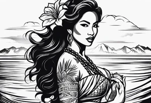 old school hula girl of tahiti who dance with famas gun tattoo idea