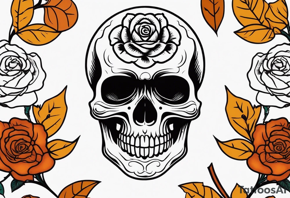 traditional Knee tattoo in fall colors showing a large skull with a rose  in the style of Jonathan Shaw tattoo idea