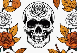 traditional Knee tattoo in fall colors showing a large skull with a rose  in the style of Jonathan Shaw tattoo idea