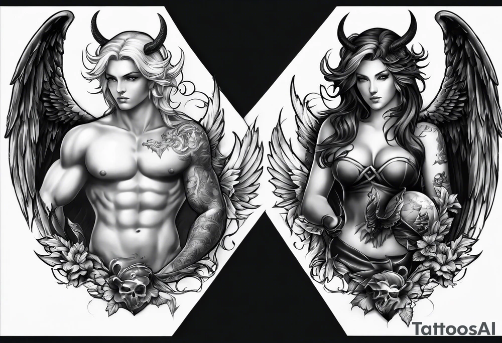 Good vs evil chest piece. baby angel and devils tattoo idea