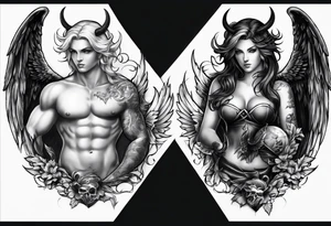 Good vs evil chest piece. baby angel and devils tattoo idea