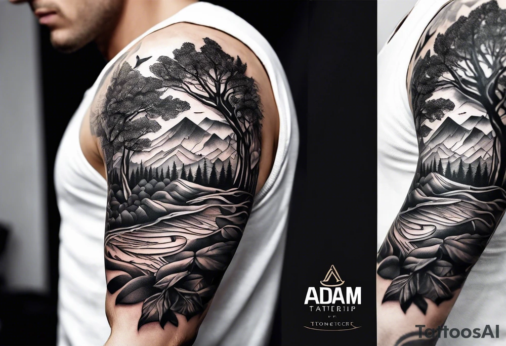 a tattoo for the inner bicep of a combination of tree DNA helix and adam creation hands tattoo idea