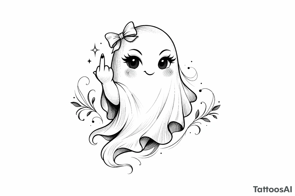 Spooky girly cute ghost giving middle finger flash tattoo idea