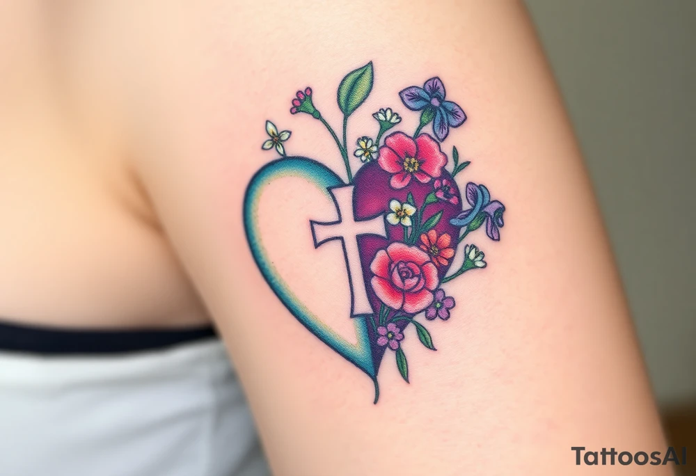 tattoo with heart
: one side representing death and the other life. (from death to life) with a simple cross down the middle. The life side I'd like the following flowers growing out of it: Morning Glory, Lily of the Valley, Daffodil, Rose, Poppy, and Iris tattoo idea