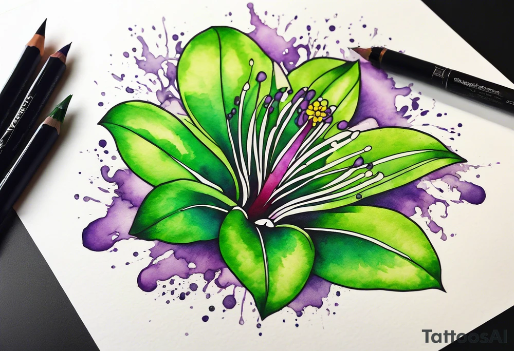 An outline of a green rio dipladenia flower and a green/purple watercolor splatter in the background tattoo idea