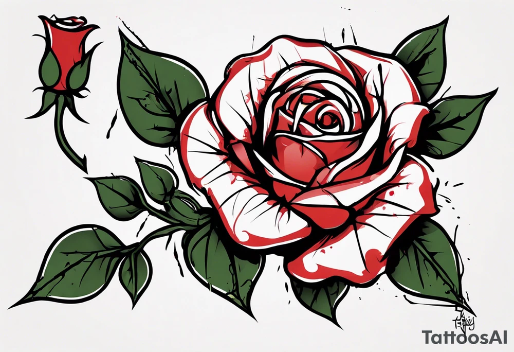 a one-line rose, add some splattered red blood and thorns, small, with stem, very simple, with the name Jesus as the stem tattoo idea