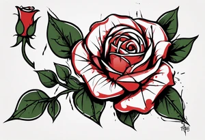 a one-line rose, add some splattered red blood and thorns, small, with stem, very simple, with the name Jesus as the stem tattoo idea