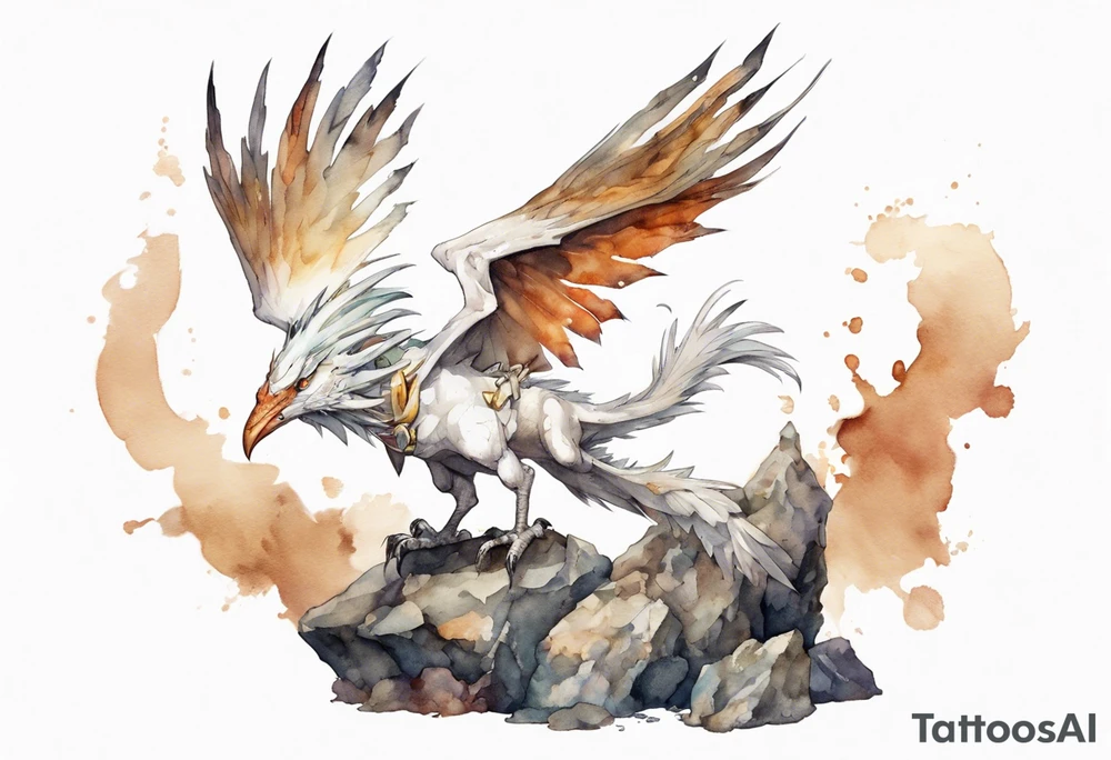 a white bird-wyvern hybrid, wearing a rusted crown, perched on a stone tattoo idea