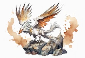 a white bird-wyvern hybrid, wearing a rusted crown, perched on a stone tattoo idea