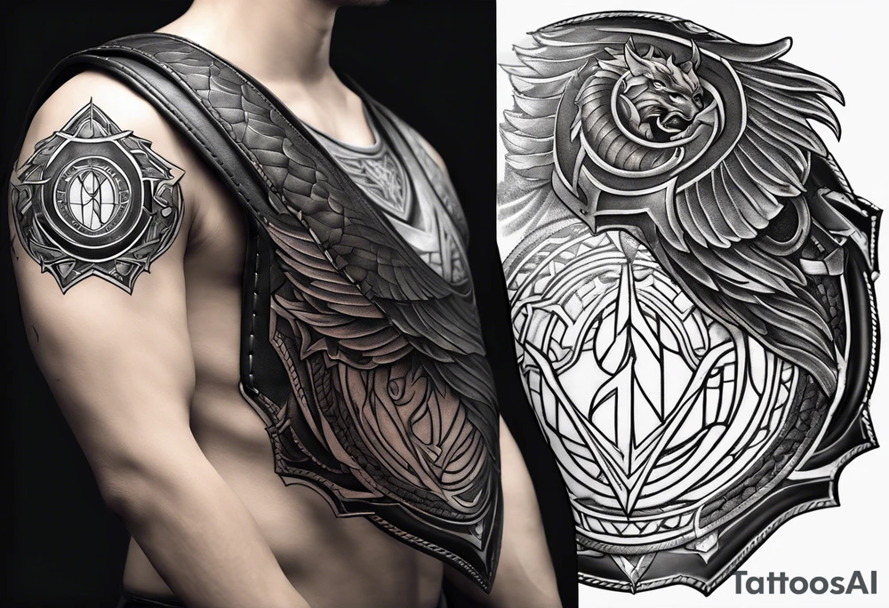 half sleeve, upper arm and shoulder, leather armor.  The crest on the shoulder is an ouroboros tattoo idea