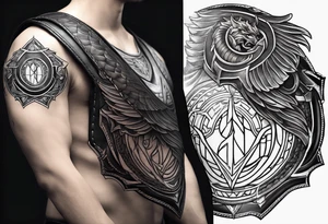 half sleeve, upper arm and shoulder, leather armor.  The crest on the shoulder is an ouroboros tattoo idea