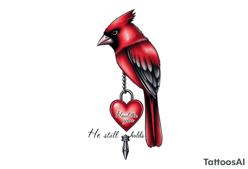 Prompt for Tattoo Design (Flat Artwork Version)

A realistic tattoo design of a red cardinal holding a heart-shaped key in its beak. The key matches a classic romantic key design with a beaded chain attached. The chain dangles gracefully downward to connect with a heart lock near the bottom of the design. Include elegant cursive text reading “He still holds the key” beneath the heart. Use clean black and gray ink lines with rich red tones for the cardinal. Style the artwork for tattoo realism, soft shading, and delicate linework, with balanced vertical composition suitable for an inner forearm tattoo. tattoo idea