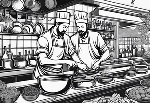 Create a bar scene with dog faced minimalist figures cooking in a restaurant as chefs making ramen in all stages of prepping, cooking and plating and sending food out tattoo idea