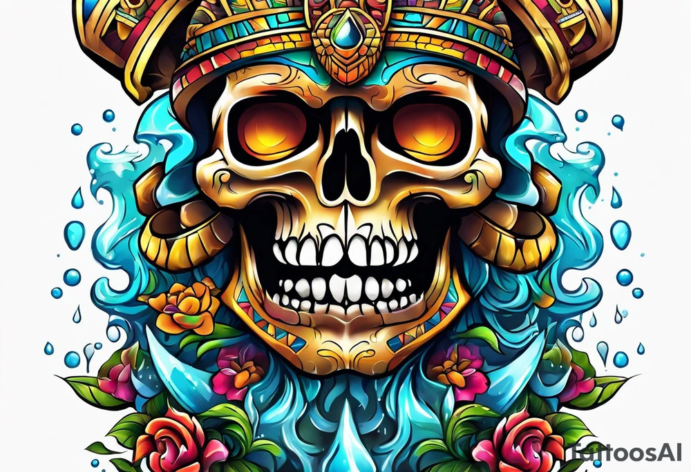 Colorful Mayan scull with water coming out of mouth tattoo idea